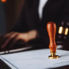Pieczęć urzędowa na dokumencie, obok laptopa i młotka sędziowskiego. Rozważane są akcje pracownicze PKP po śmierci.