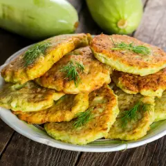 Pile de beignets de courgette dorés et moelleux, garnis de brins d'aneth frais, sur une assiette blanche. Deux courgettes vertes floues en arrière-plan.