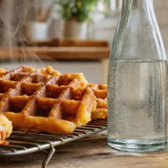 Gaufres croustillantes fumantes sur une grille, accompagnées d'une bouteille d'eau pétillante et d'un verre de bière dorée. Parfait pour une recette de gaufres croustillantes.