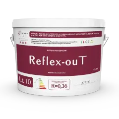 Secchio di pittura per esterni "Reflex-out" di Heres. È una pittura termo-riflettente nanotecnologica, un additivo che migliora l'efficienza energetica.