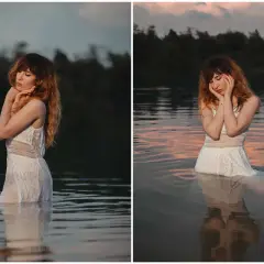 A woman in a white dress stands in water, bathed in the best light for outdoor photos during a serene sunset.