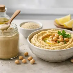 Pyszny hummus z ciecierzycy i tahini, podany z cytryną i czosnkiem. Tahini co to? To pasta sezamowa, kluczowy składnik tej potrawy.