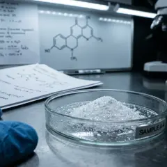 Biały proszek w szalce Petriego, rękawiczka, notatki i wzory chemiczne na tablicy.