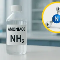 Botella con amoníaco (NH₃) y modelo molecular. Descubre las propiedades del amoniaco.