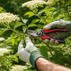 Hände mit Handschuhen schneiden mit einer Gartenschere einen Ast eines blühenden Holunderstrauchs.