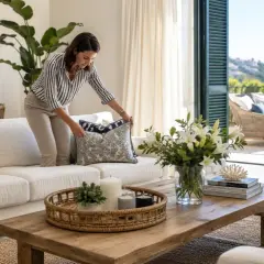 Mujer arregla cojines en sofá blanco, con vistas al mar Mediterráneo, como si estuviera en una casa de **agua dulce Almería**.