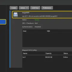 Interfaz de gestión de almacenamiento, sección iSCSI. Muestra un objetivo iSCSI activo y un LUN mapeado de 500 GB.