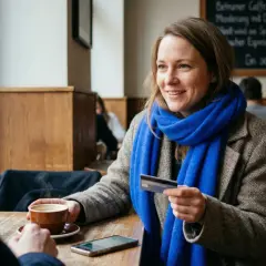 Kobieta z niebieskim szalem płaci kartą w kawiarni. Czy w Norwegii można płacić euro? Nie, ale karta działa wszędzie.