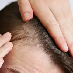 Manos revisando el cuero cabelludo y el cabello fino. Consejos para como cuidar tu pelo y mantenerlo fuerte.