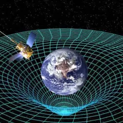 Ziemia zakrzywia czasoprzestrzeń, tworząc siatkę. Satelita oddala się, ilustrując paradoks bliźniąt.