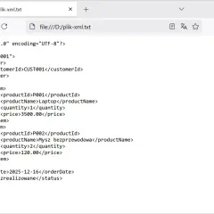 Plik XML z zamówieniem, zawierający laptop i mysz. Dowiedz się, xml czym otworzyć, by zobaczyć szczegóły.