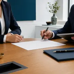 Biznesmeni przy stole podpisują umowę B2B. Jeden z nich trzyma tablet, drugi długopis.