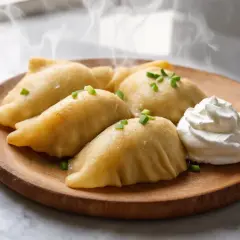 Gorące, parujące pierogi na drewnianym talerzu, ozdobione szczypiorkiem i porcją śmietany. Idealny przykład, jak ugotować pierogi.