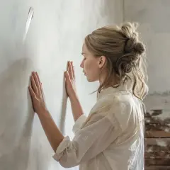 Donna con le mani sul muro, forse in attesa di una notizia o in un momento di riflessione. Una madre in attesa, la sua recensione interiore.