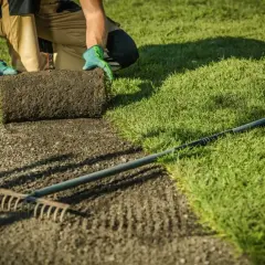 Osoba w rękawiczkach układa rolkę trawy na przygotowanej ziemi obok istniejącego trawnika.