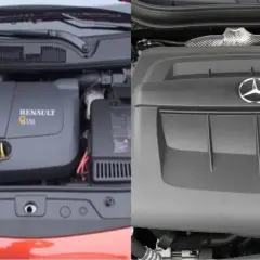 Comparación de motores: un Renault 1.5 gasolina a la izquierda y un motor Mercedes a la derecha.