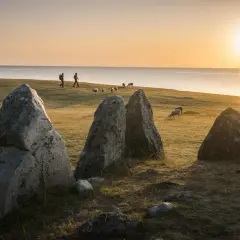 Stora stenar på en äng vid havet under en gyllene solnedgång i Skåne. Får betar och två personer promenerar i fjärran.