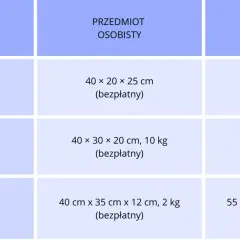 Tabela porównująca wymiary i wagę bagażu podręcznego i osobistego w liniach lotniczych Ryanair, Wizz Air i LOT.