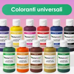 Flaconi di coloranti per resina epossidica in varie tonalità: viola, giallo, magenta, rosso, blu, nero, verde cromo, arancione, marrone, ocra e verde. Perfetti per imparare come colorare la resina epossidica.