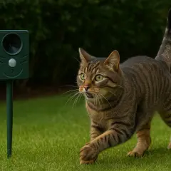 Un chat tigré, surpris, s'arrête devant un appareil vert. L'ultrason souris est dangereux pour les chats, le faisant fuir.