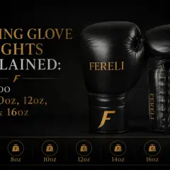 Black boxing gloves with weights explained: 8oz, 10oz, 12oz, 14oz, 16oz.