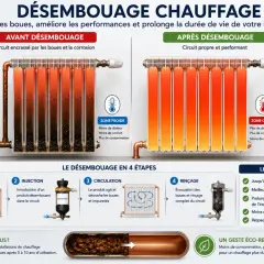 Illustration montrant l'avant et l'après du désembouage plancher chauffant. Un circuit encrassé vs un circuit propre et performant.