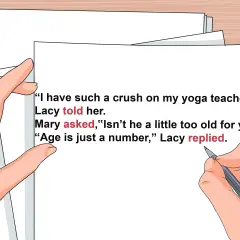 Exemple de dialogue avec ponctuation correcte. Lacy avoue son béguin pour son professeur de yoga, Mary s'interroge sur l'âge.