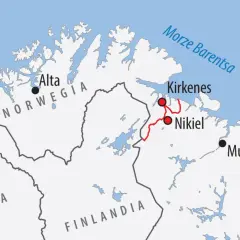 Mapa pokazuje, z kim graniczy Norwegia: Szwecja, Finlandia i Rosja. Widać też Morze Barentsa.