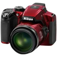 A red Nikon P510 camera with a large lens, ready to capture any adventure.