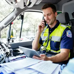 Paramédic en uniforme, parlant au téléphone et consultant une tablette dans un véhicule prioritaire, respectant le code de la route.