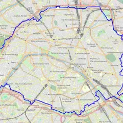 Carte de Paris délimitant un périmètre bleu, incluant le Bois de Boulogne et le Bois de Vincennes. La gr 75 est visible.