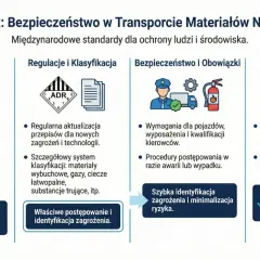 Grafika przedstawia schemat konwencji ADR z ikonami symbolizującymi transport, przepisy, bezpieczeństwo i ochronę środowiska.
