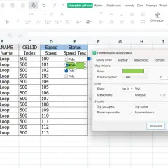 Arkusz kalkulacyjny z zaznaczonymi polami wyboru w kolumnie "Status" i otwartym oknem "Formatowanie Autokształtu". Pokazuje, jak zaprojektować checklistę edytorską w arkuszu dla każdego rozdziału.