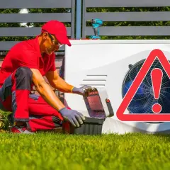 Un technicien en rouge ouvre sa boîte à outils près d'une pompe à chaleur. Un panneau d'avertissement rouge indique que ma pompe à chaleur se met en sécurité.