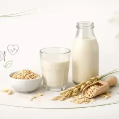 Mleko owsiane w szklance i butelce, miseczka płatków owsianych, kłosy i drewniana łyżka.