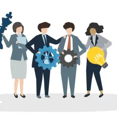 Teamwork illustrates how chain of command works: a king chess piece, gears, and a lightbulb symbolize strategy, execution, and innovation.