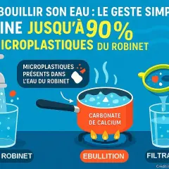 Faire bouillir l'eau du robinet élimine les microplastiques. L'ébullition transforme le carbonate de calcium, puis la filtration retient les résidus.