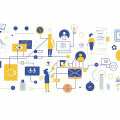 Illustration d'un réseau complexe de processus, symbolisant la publicité programmatique. Des icônes et des personnages interagissent dans un flux de données.