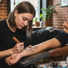 Artystka robi tatuaż na ramieniu klientki. Choć wygląda to na profesjonalny salon, wiele osób zastanawia się, jak zrobić tatuaż w domu.