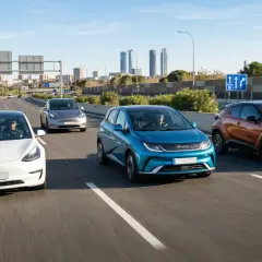 Un Tesla blanco, un BYD azul y un Toyota naranja circulan por una autopista, mostrando los coches eléctricos más vendidos.