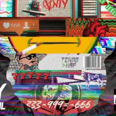 Rogal DDL wiek. Glitch art z twarzami, cyframi 666, symbolem anty, krową i napisem "ANTY".