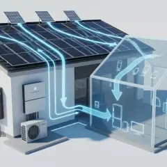 Inteligentny system zarządzania energią w domu: panele słoneczne na dachu, magazyn energii i przepływ prądu do urządzeń domowych.