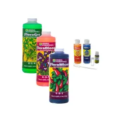 General Hydroponics Flora-serie med näring och pH-justerare för hydroponisk odling.