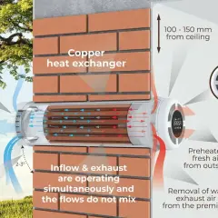Effektivt **ventilation hus** med kopparvärmeväxlare. Kall uteluft förvärms av varm frånluft.