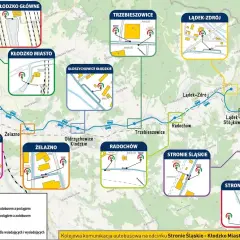 Mapa pokazuje trasy autobusów i pociągów, pomagając sprawdzić, gdzie jest pociąg i jak do niego dotrzeć.