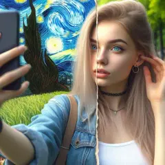 Przerabianie zdjęć AI: dziewczyna robi selfie na tle "Gwiaździstej nocy" Van Gogha, a druga połowa to jej realistyczny portret w parku.