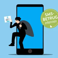 Ein Dieb klettert aus einem Smartphone, das eine Login-Seite zeigt. Vorsicht vor SMS-Betrug!