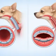 Illustration comparant une trachée saine et un collapsus trachéal chez un chien. La trachée saine est ronde, tandis que celle affectée par le collapsus est aplatie.