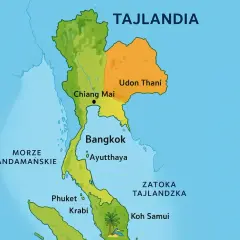 Mapa pokazuje, gdzie leży Tajlandia, z zaznaczonymi miastami jak Bangkok, Chiang Mai, Phuket, oraz Morzem Andamańskim i Zatoką Tajlandzką.