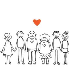 Disegni da colorare e stampare: una famiglia stilizzata che si tiene per mano sotto un cuore arancione.